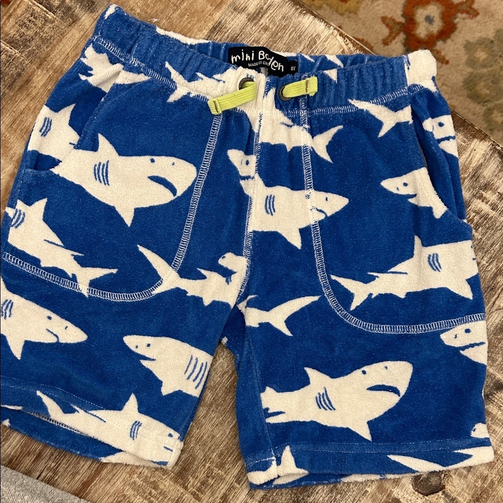 Mini Boden Kids Shorts with Blue and White Shark Design